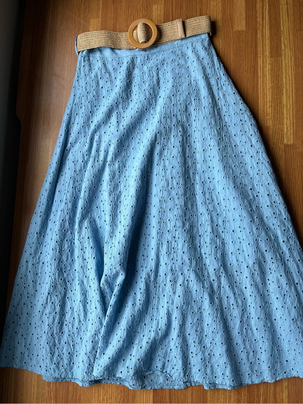 Light Blue Eyelet Midi Skirt with Woven Belt